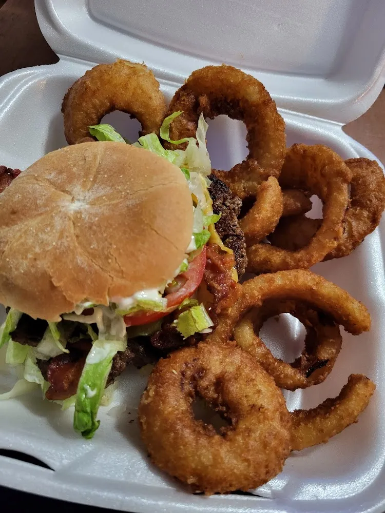 Bacon Cheeseburger with Beer Batterd Onion Rings